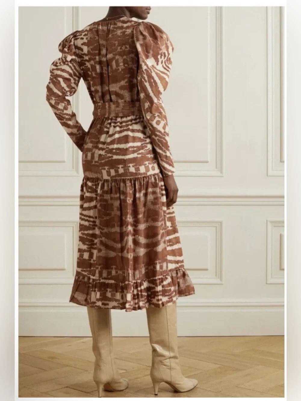 New Ulla Johnson Leila Belted Printed Silk Midi Dress Brown Sz 4 - Picture 5 of 12
